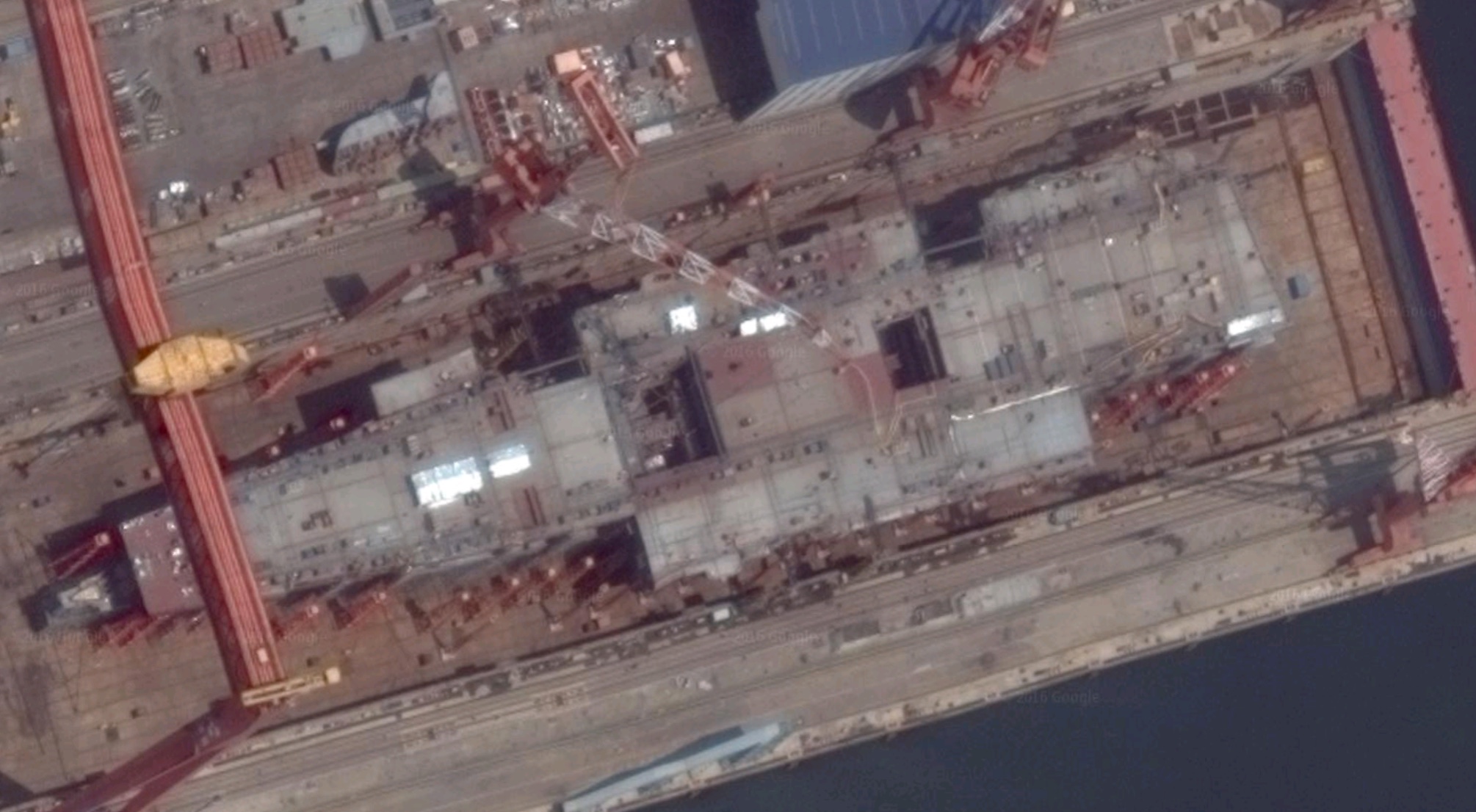 China's second aircraft carrier, CV17, seen under construction in dry dock in Dalian, Liaoning province, in mid 2016