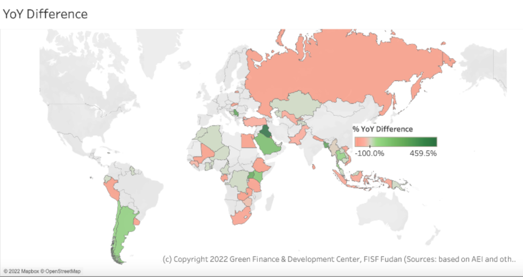Map showing change in Belt and Road Initiative financing and investment by country, H1 2022 v H1 2021. Credit: Green Finance and Development Center, Fudan University
